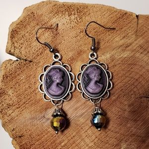 Purple Cameo Earrings with Rainbow Dangle Beads